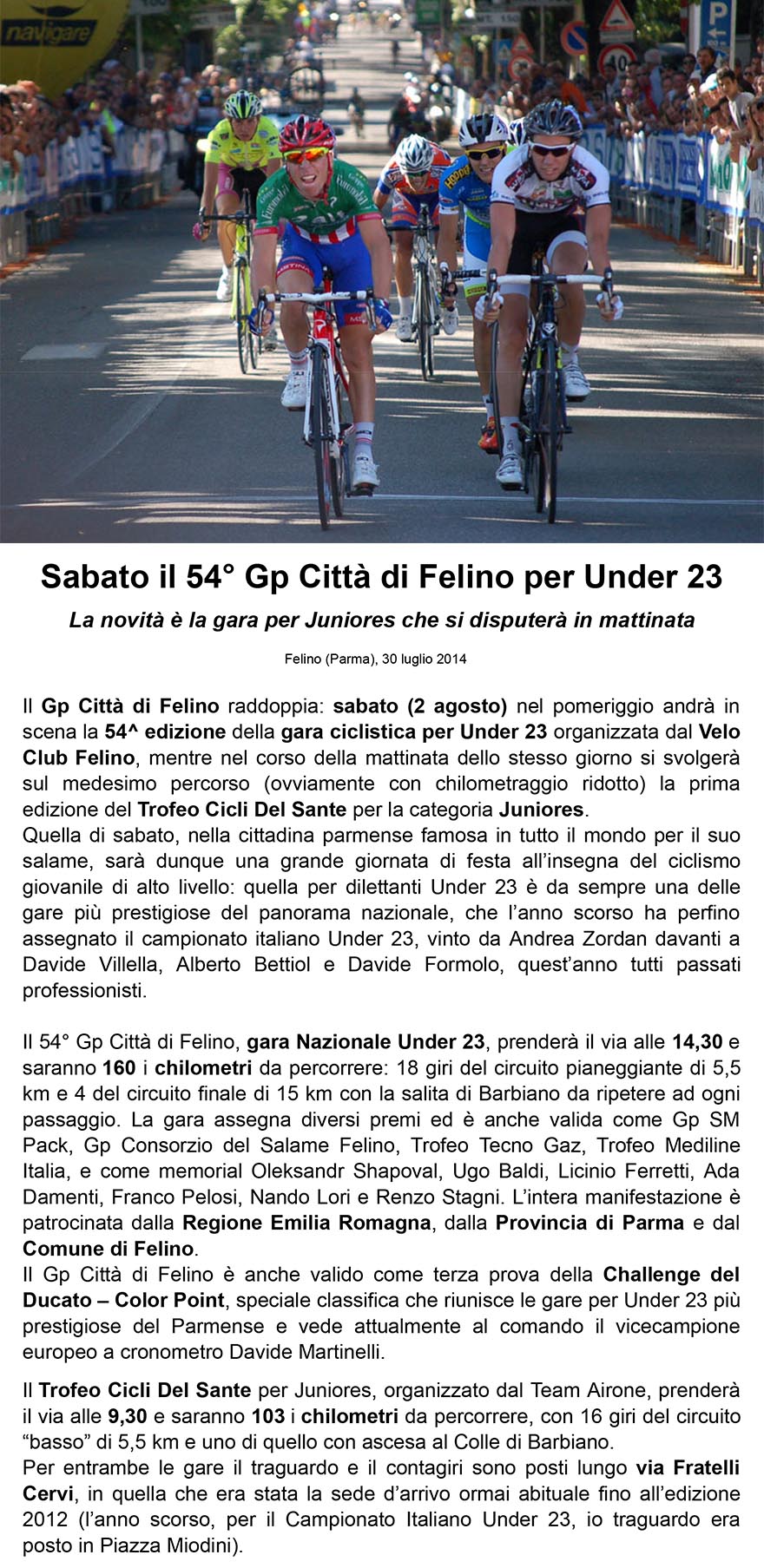 Ciclismo Gp Citta di Felino   comunicato stampa